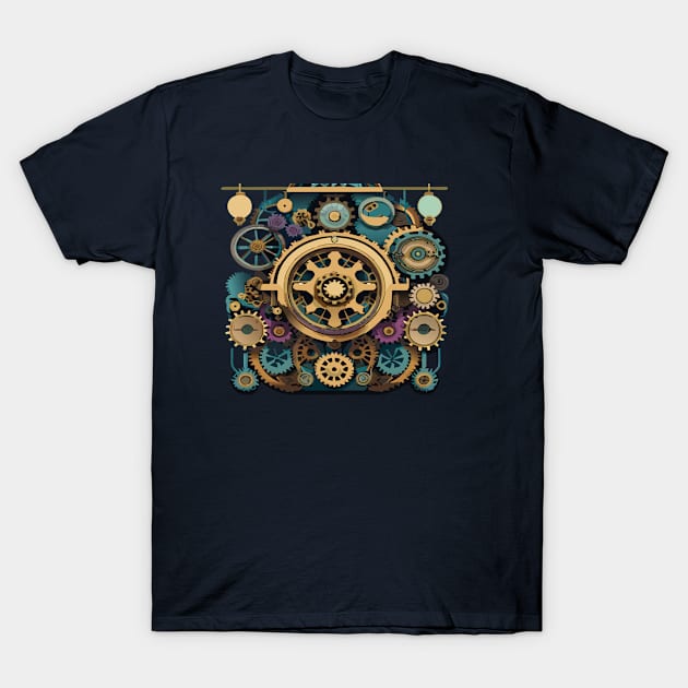 a steampunk-inspired t-shirt with intricate gears, cogs, and mechanical elements, design like tipseason. Incorporate a vintage color scheme and Victorian-era aesthetics for a retro-futuristic look T-Shirt by goingplaces